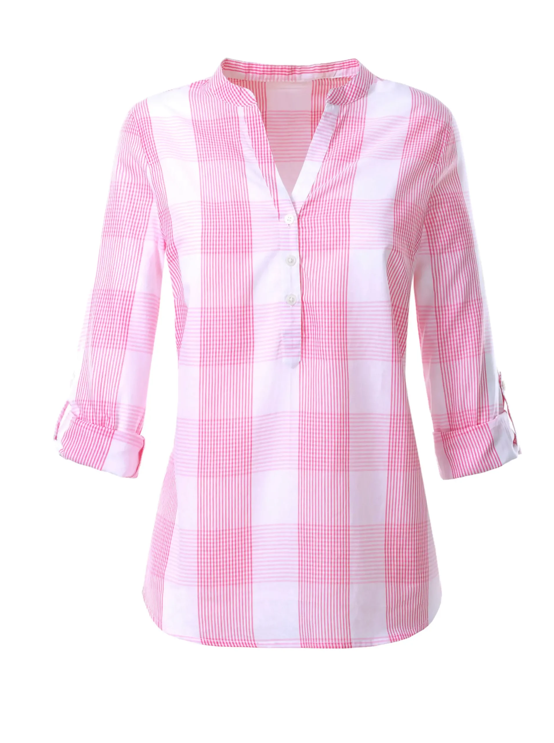 Shirts| Baumwollbluse mit Stehkragen, kariert pink-weiß-kariert