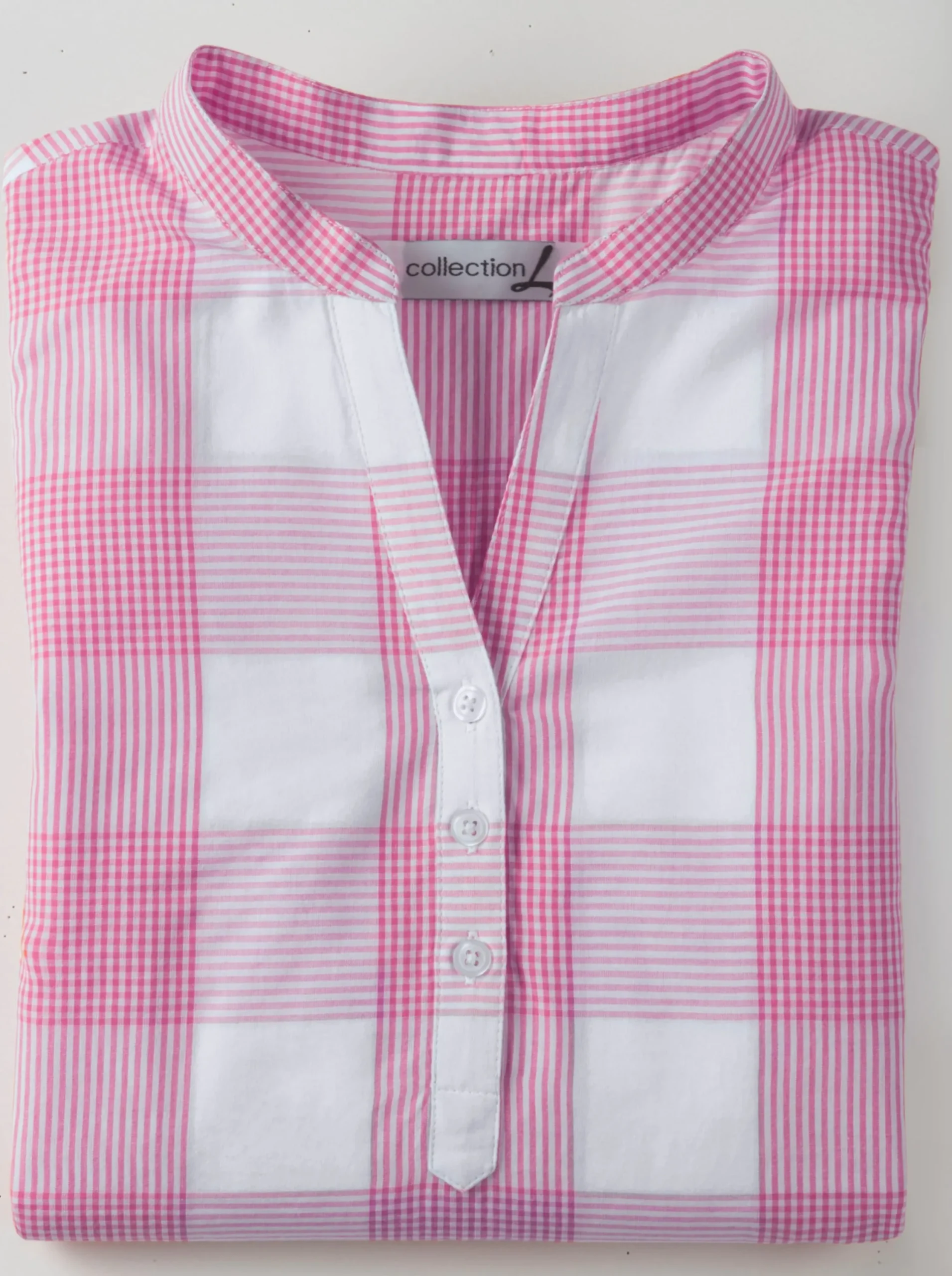 Shirts| Baumwollbluse mit Stehkragen, kariert pink-weiß-kariert