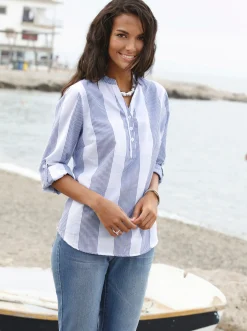 Blusen|Shirts| Baumwollbluse mit Stehkragen, kariert marine-weiß-kariert