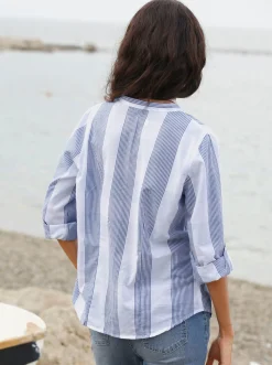 Blusen|Shirts| Baumwollbluse mit Stehkragen, kariert marine-weiß-kariert