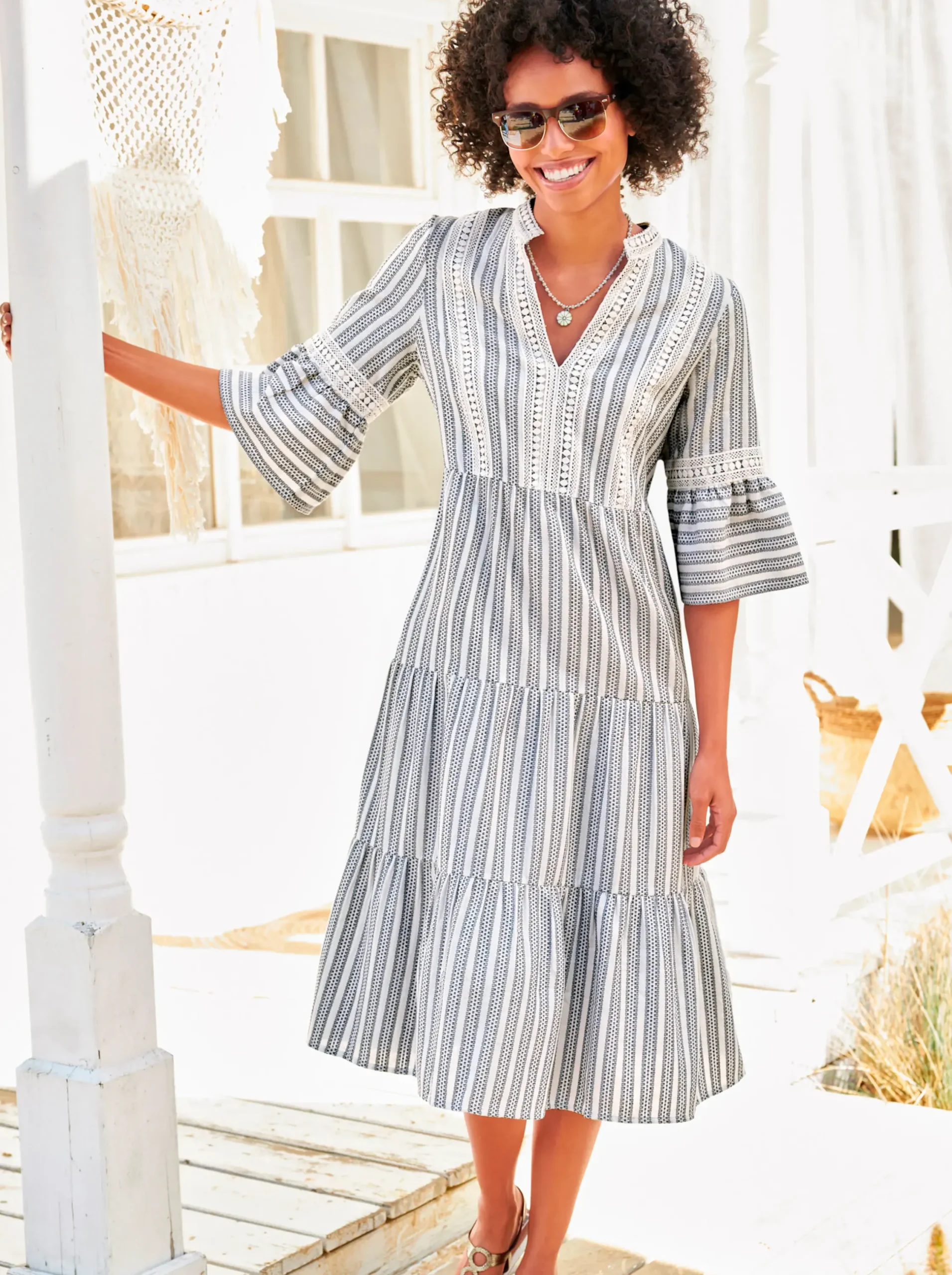Strandkleider|Kleider|heine Baumwollkleid ecru-dunkelblau-gemustert