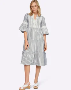 Strandkleider|Kleider|heine Baumwollkleid ecru-dunkelblau-gemustert