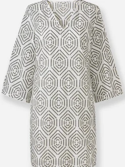 Kleider|heine Baumwollkleid ecru-schwarz-gemustert
