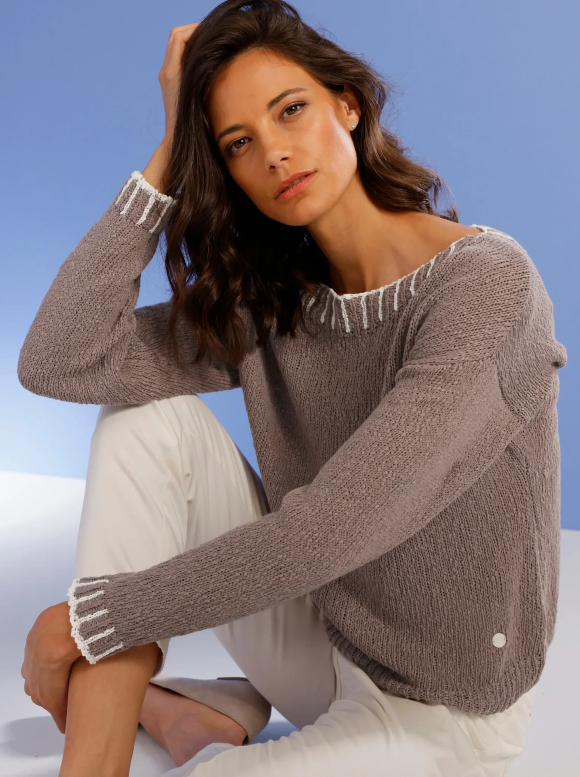 Pullover|CREATION L PREMIUM Baumwollpullover in Grobstrick-Qualität taupe
