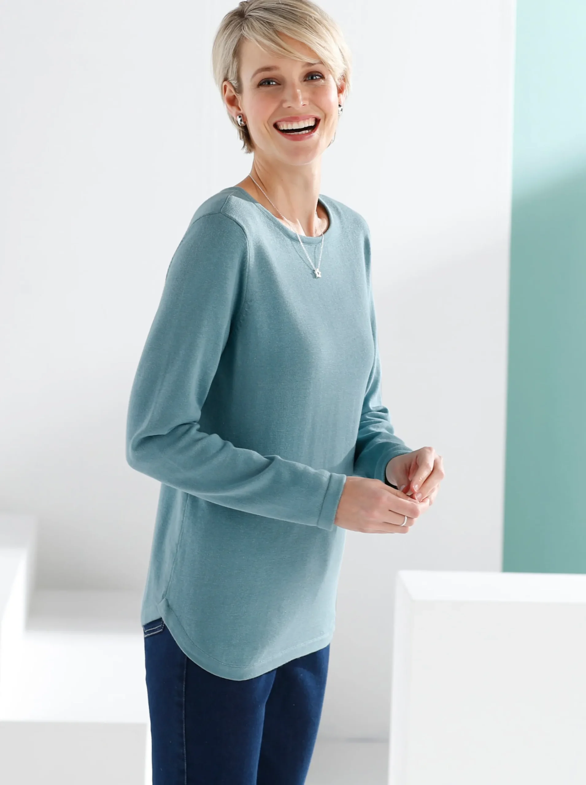Basics|Pullover| Baumwollpullover mit überlappendem Saum aqua
