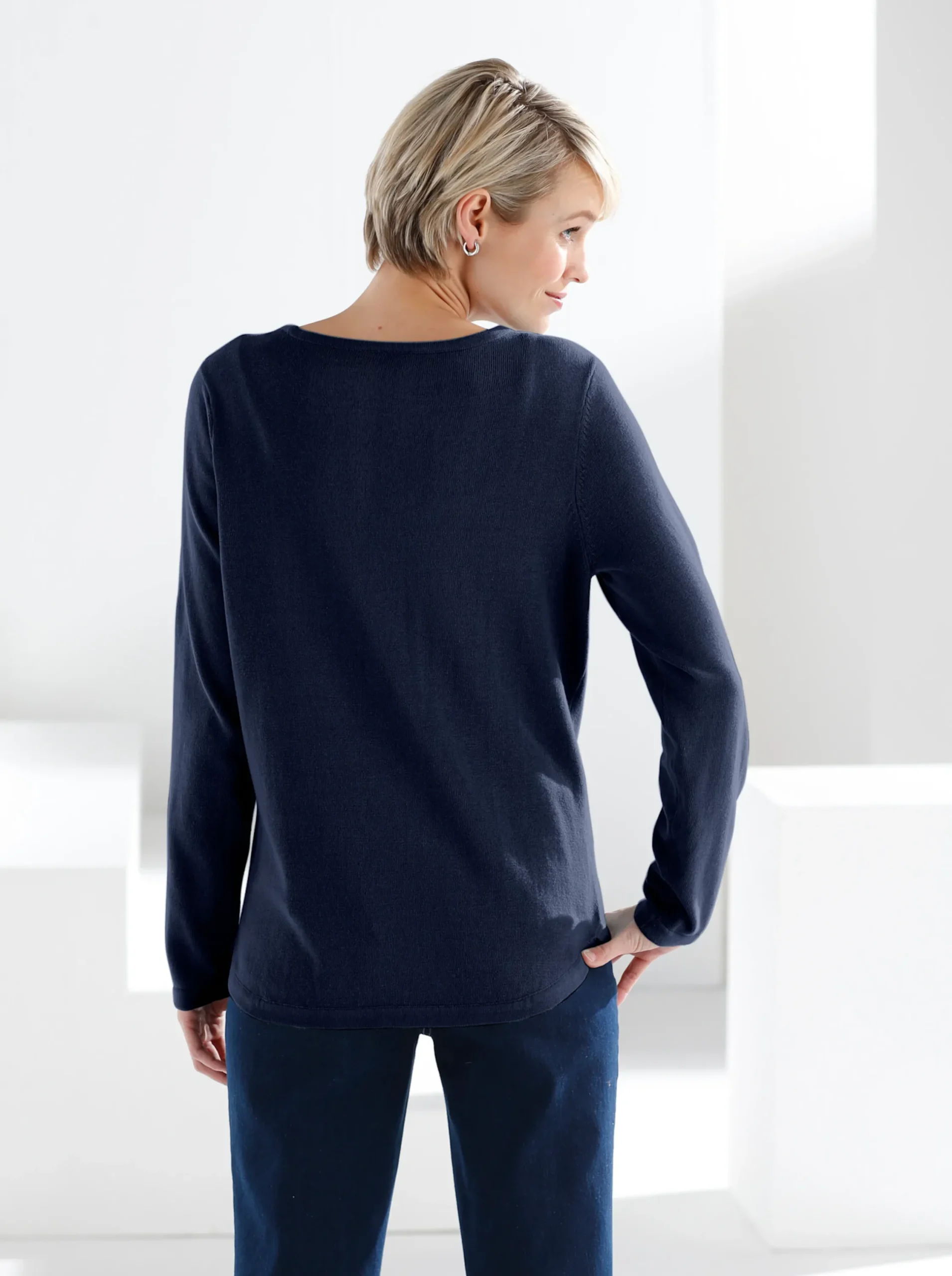 Basics|Pullover| Baumwollpullover mit überlappendem Saum marine
