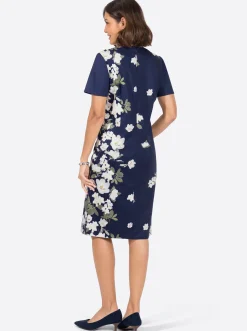 Abendkleider|Kleider| Blumenkleid in Baumwoll-Qualität marine-ecru-bedruckt