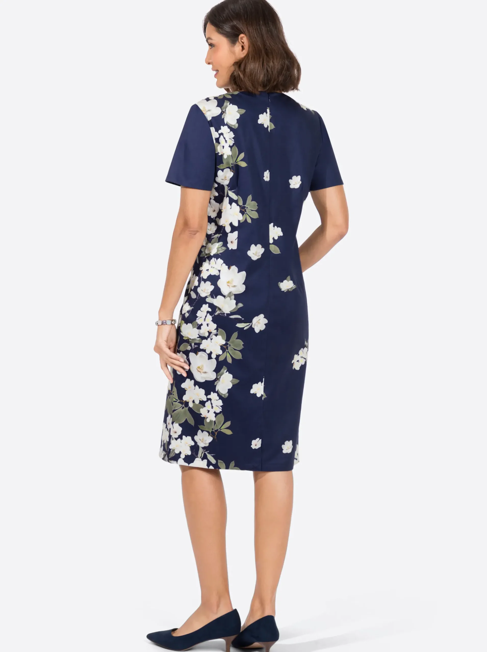 Abendkleider|Kleider| Blumenkleid in Baumwoll-Qualität marine-ecru-bedruckt