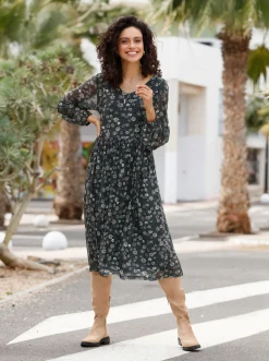 Kleider| Blumenkleid in floral bedruckter Mesh-Qualität schwarz-bedruckt