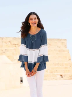 Blusen| Bluse dunkelblau-ecru-gemustert