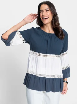 Blusen| Bluse dunkelblau-ecru-gemustert