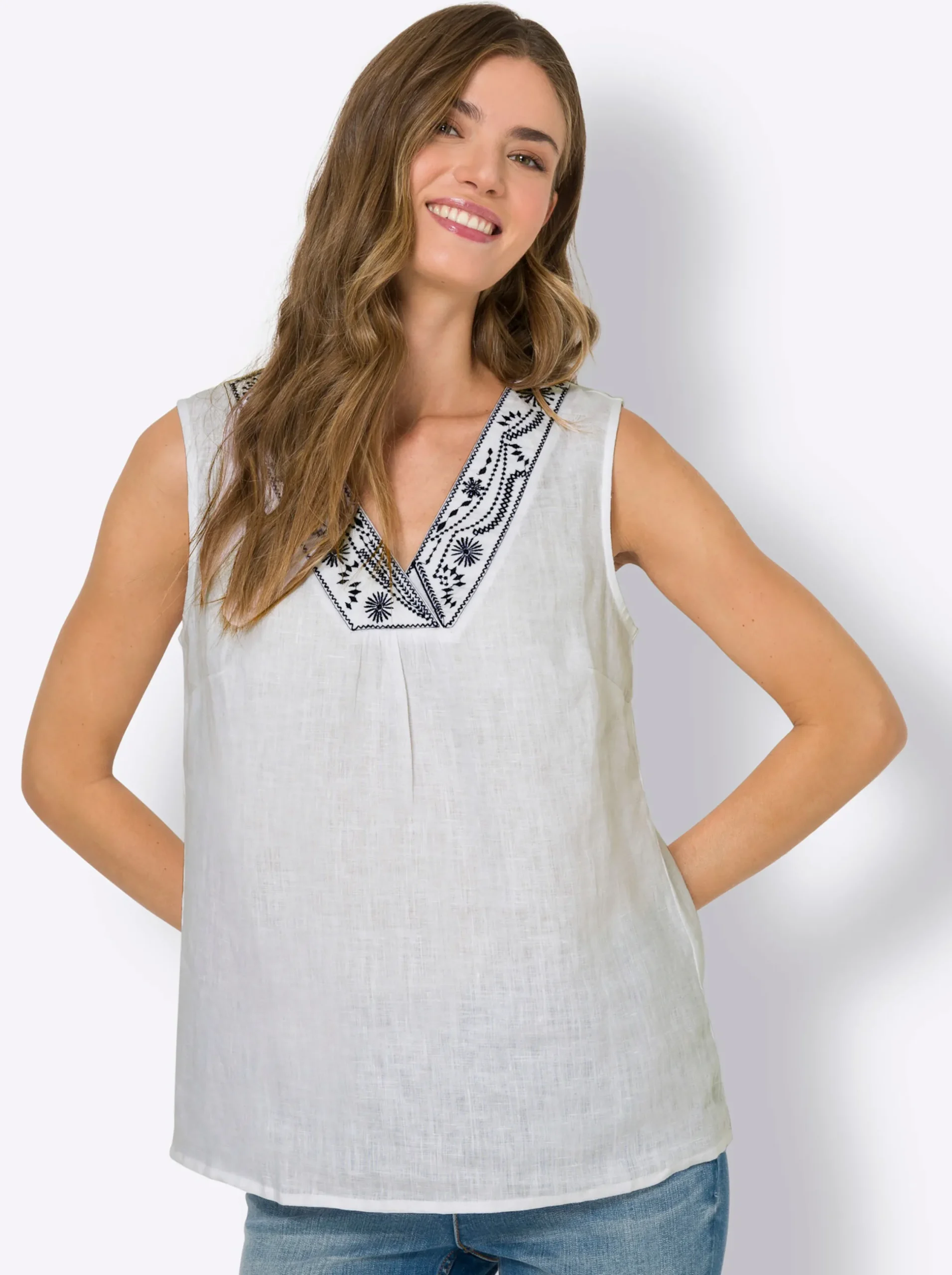 Shirts|heine Blusentop mit Kontrast-Stickerei weiß