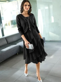 Jacken|Strickjacken| Bolero mit Chiffon-Volants schwarz