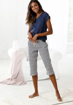 Nachtwäsche|Vivance Dreams Capri-Pyjama dunkelblau-hellrosa-gemustert