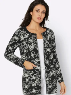 Strickjacken| Cardigan mit Blüten-Jacquard-Muster schwarz-champagner-gemustert