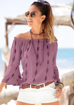 Blusen|LASCANA Carmenbluse lila-bedruckt