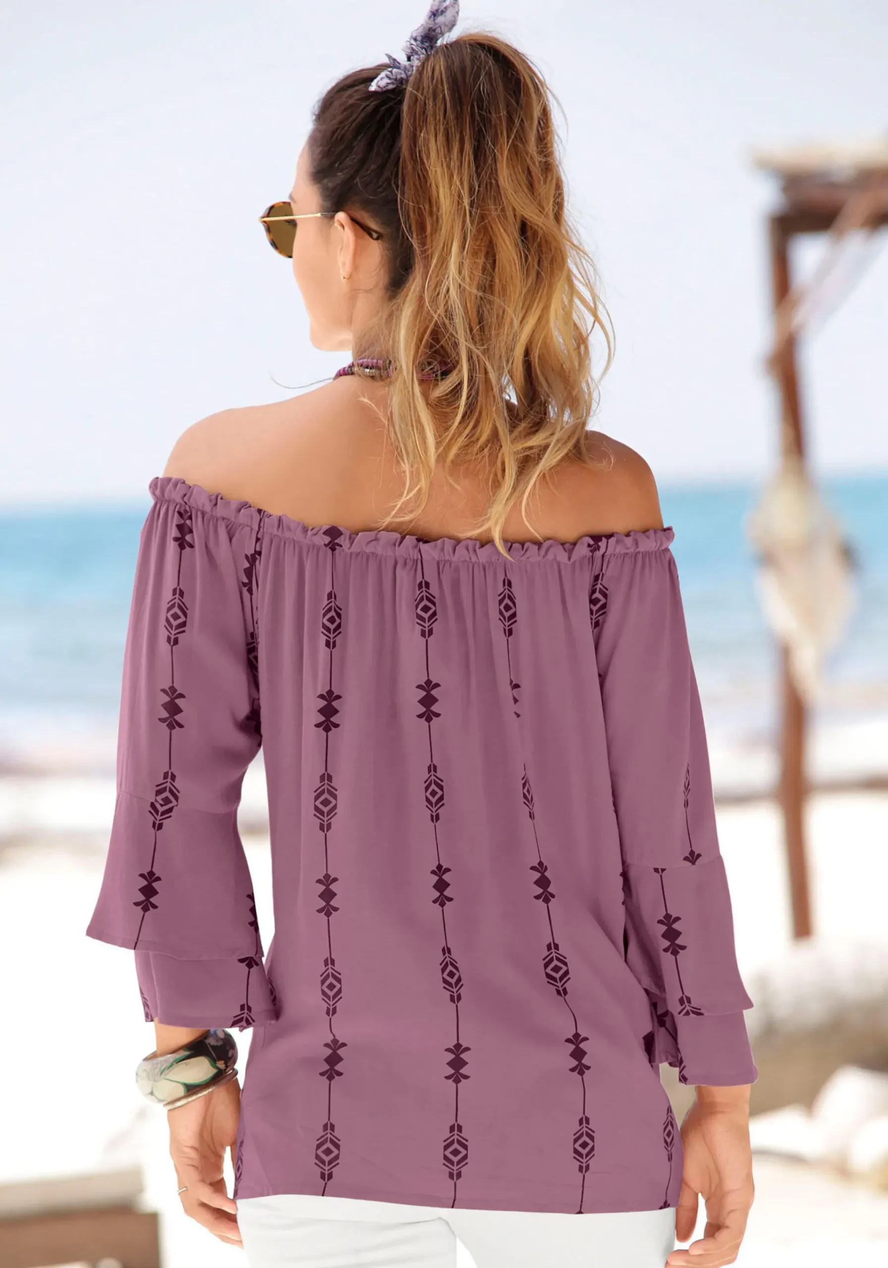Blusen|LASCANA Carmenbluse lila-bedruckt