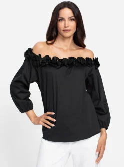 Blusen|heine Carmenbluse mit 3D-Blumen am Ausschnitt schwarz