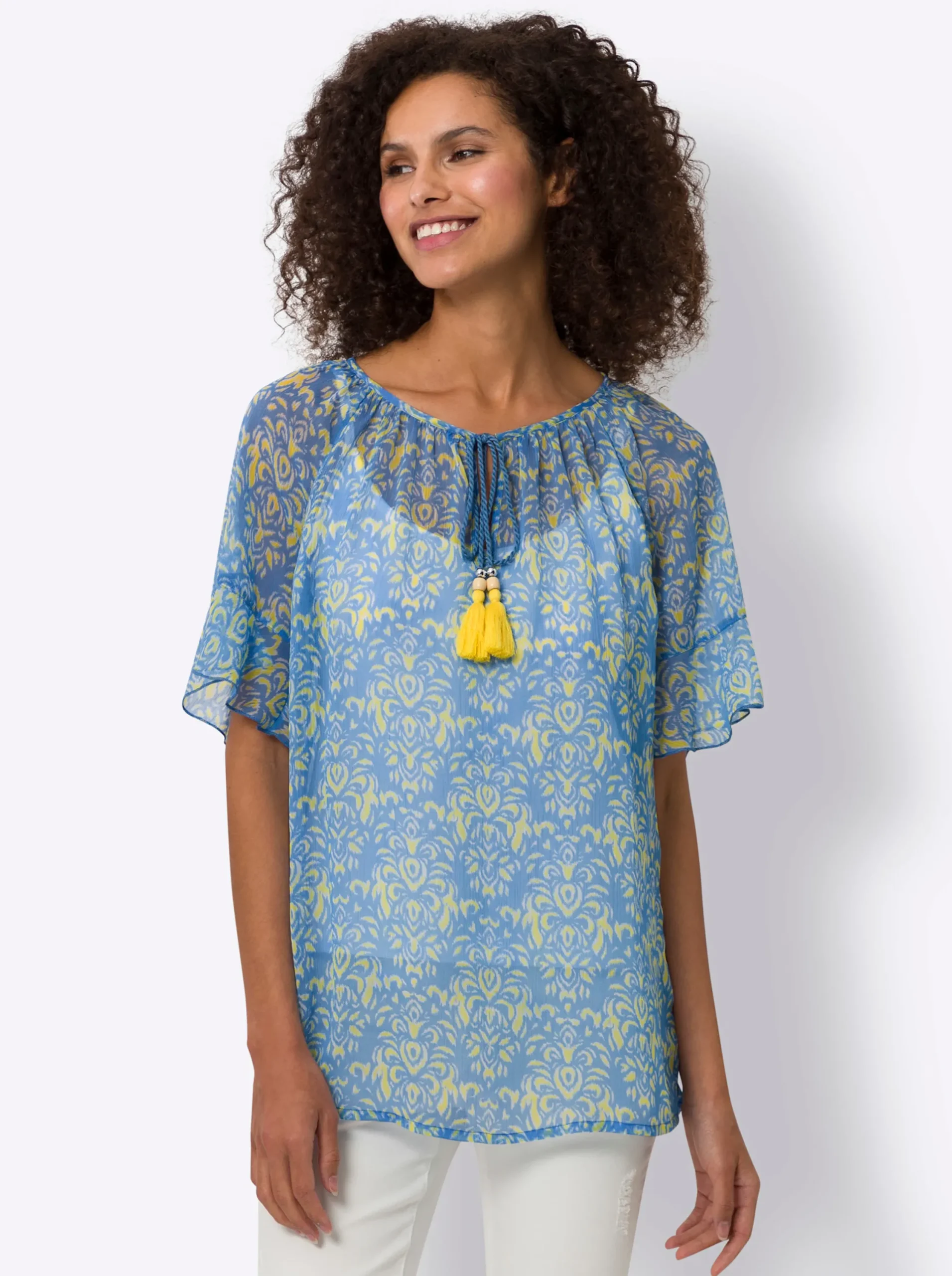 Blusen|heine Chiffonbluse mit Ornamentmuster himmelblau-limone-bedruckt