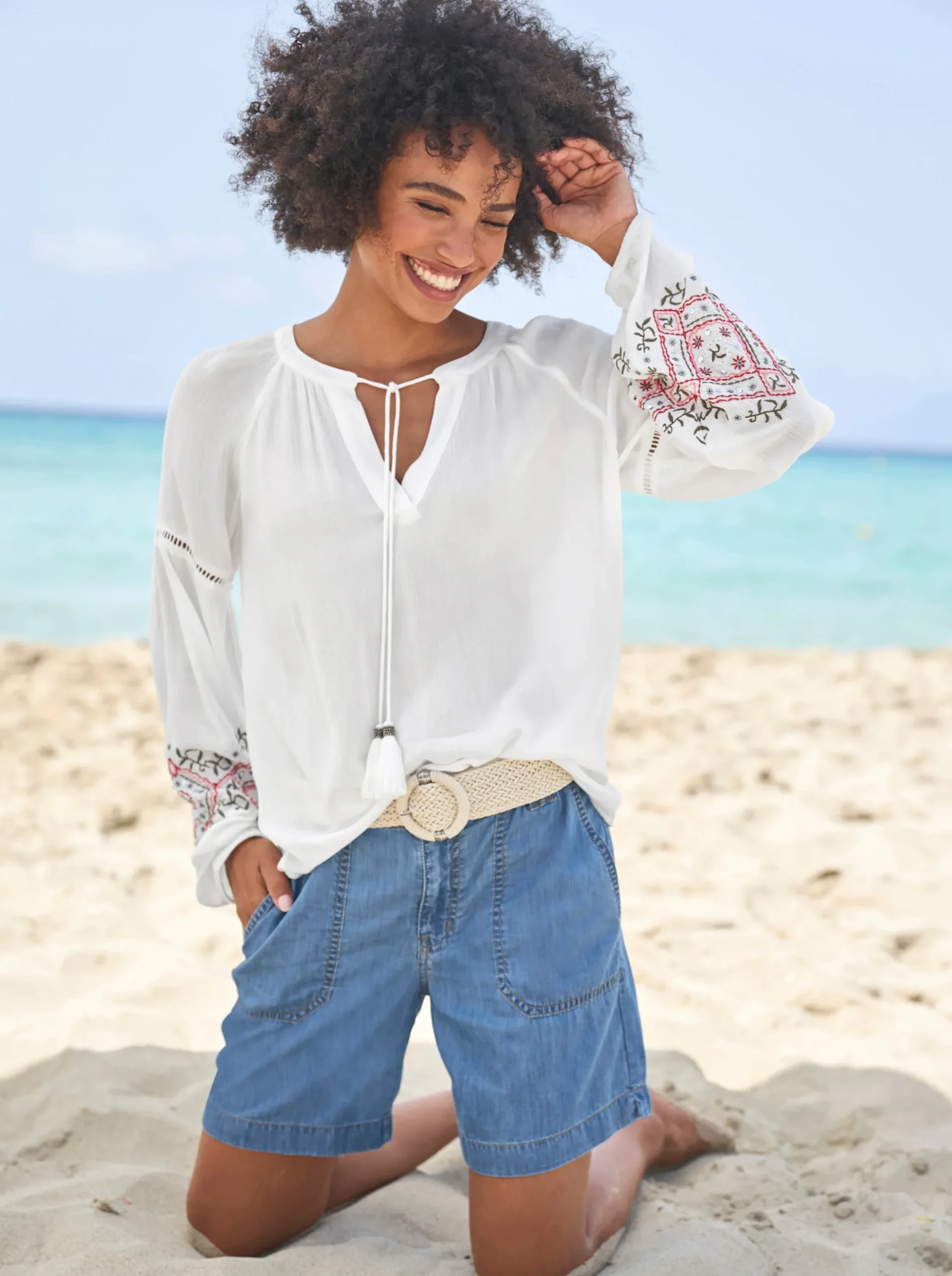 Blusen|heine Crinklebluse mit Bindebändern ecru