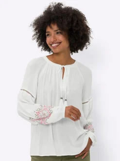 Blusen|heine Crinklebluse mit Bindebändern ecru
