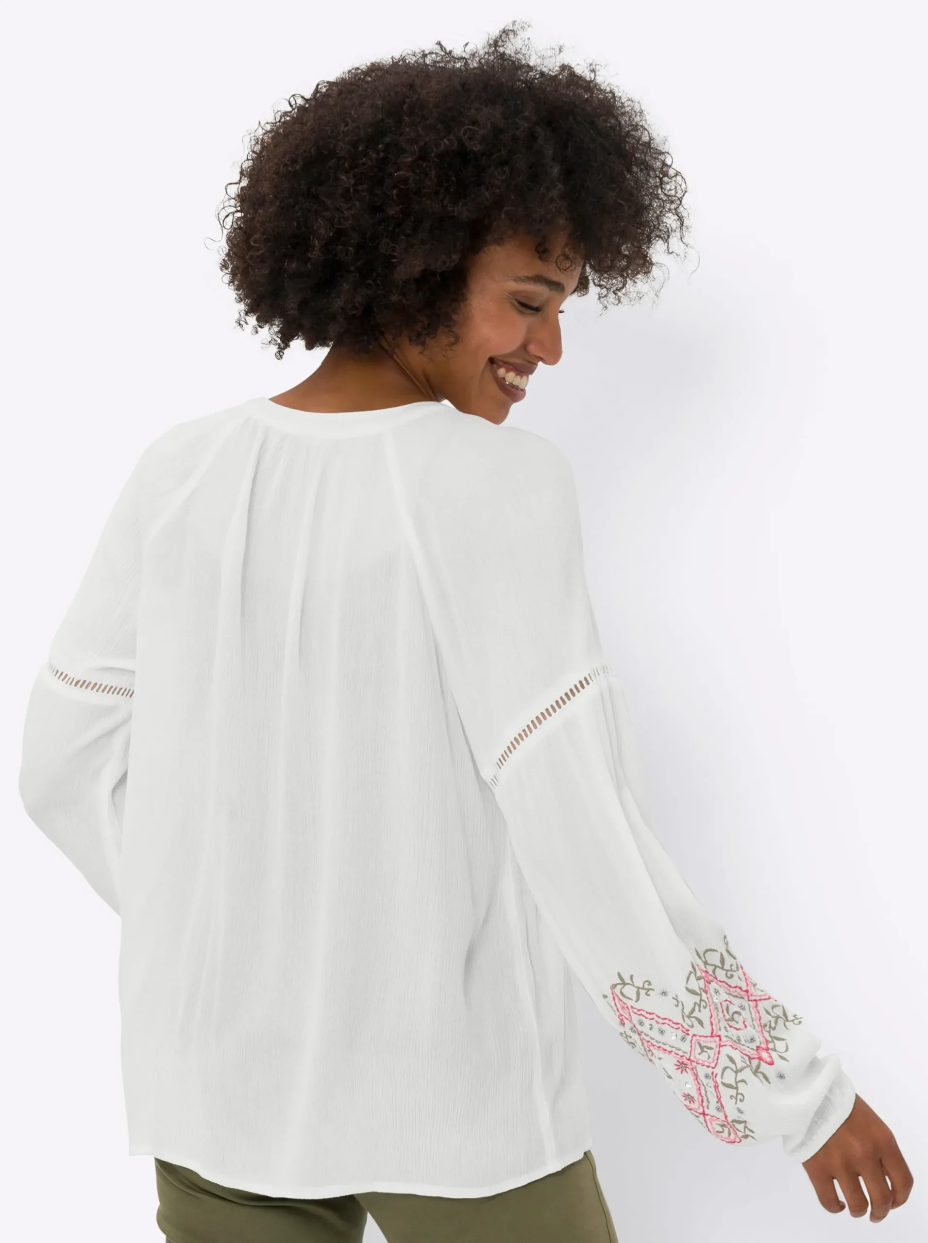 Blusen|heine Crinklebluse mit Bindebändern ecru