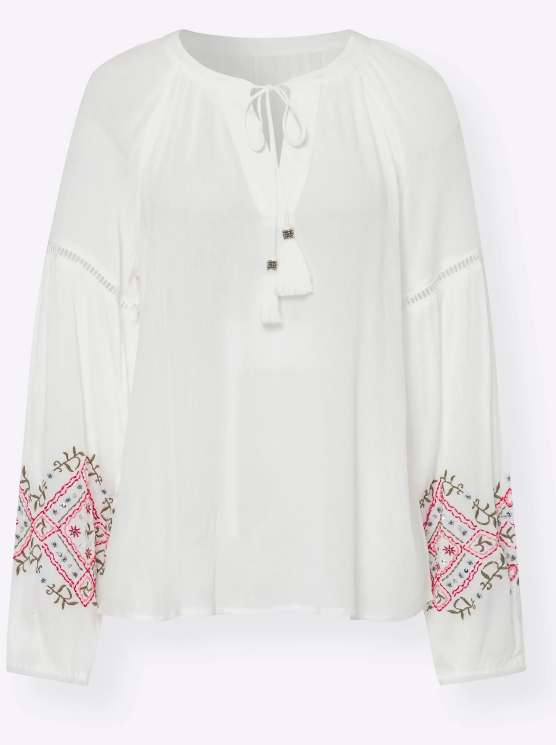 Blusen|heine Crinklebluse mit Bindebändern ecru