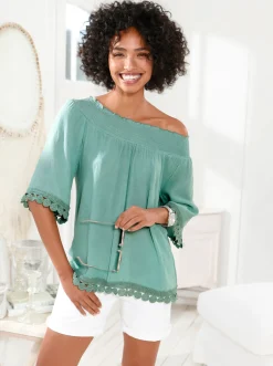Strandmode|Blusen|heine Crinklebluse mit Spitzenbesatz salbei