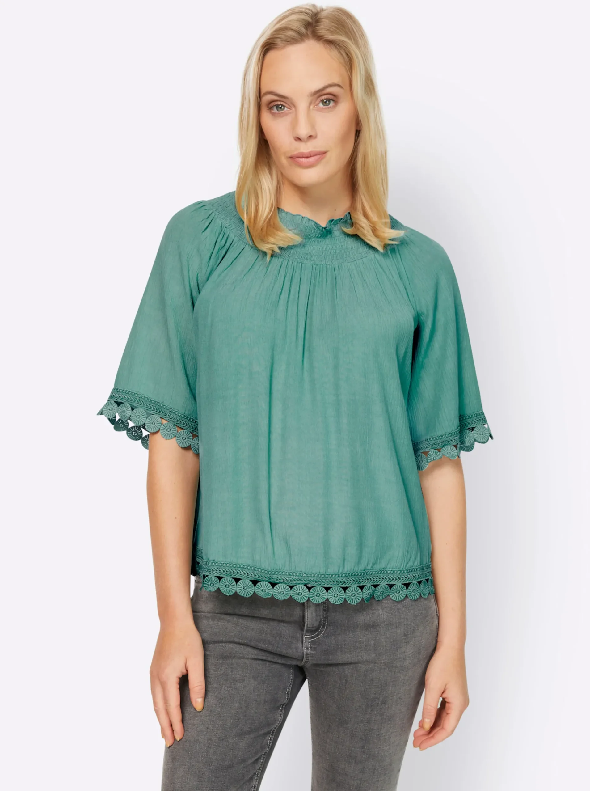Strandmode|Blusen|heine Crinklebluse mit Spitzenbesatz salbei