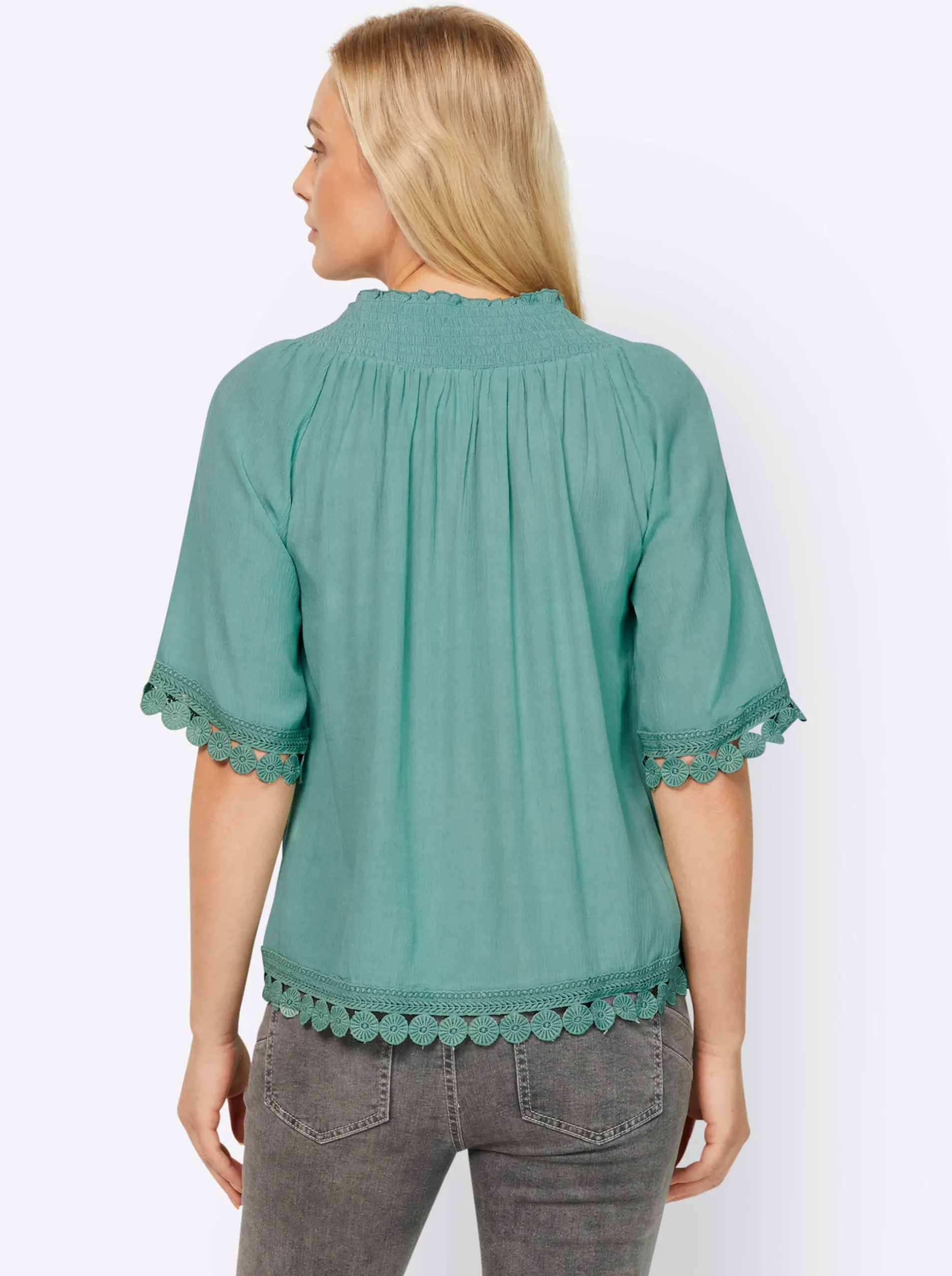 Strandmode|Blusen|heine Crinklebluse mit Spitzenbesatz salbei