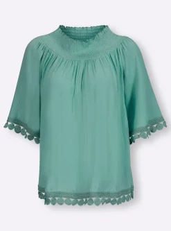 Strandmode|Blusen|heine Crinklebluse mit Spitzenbesatz salbei