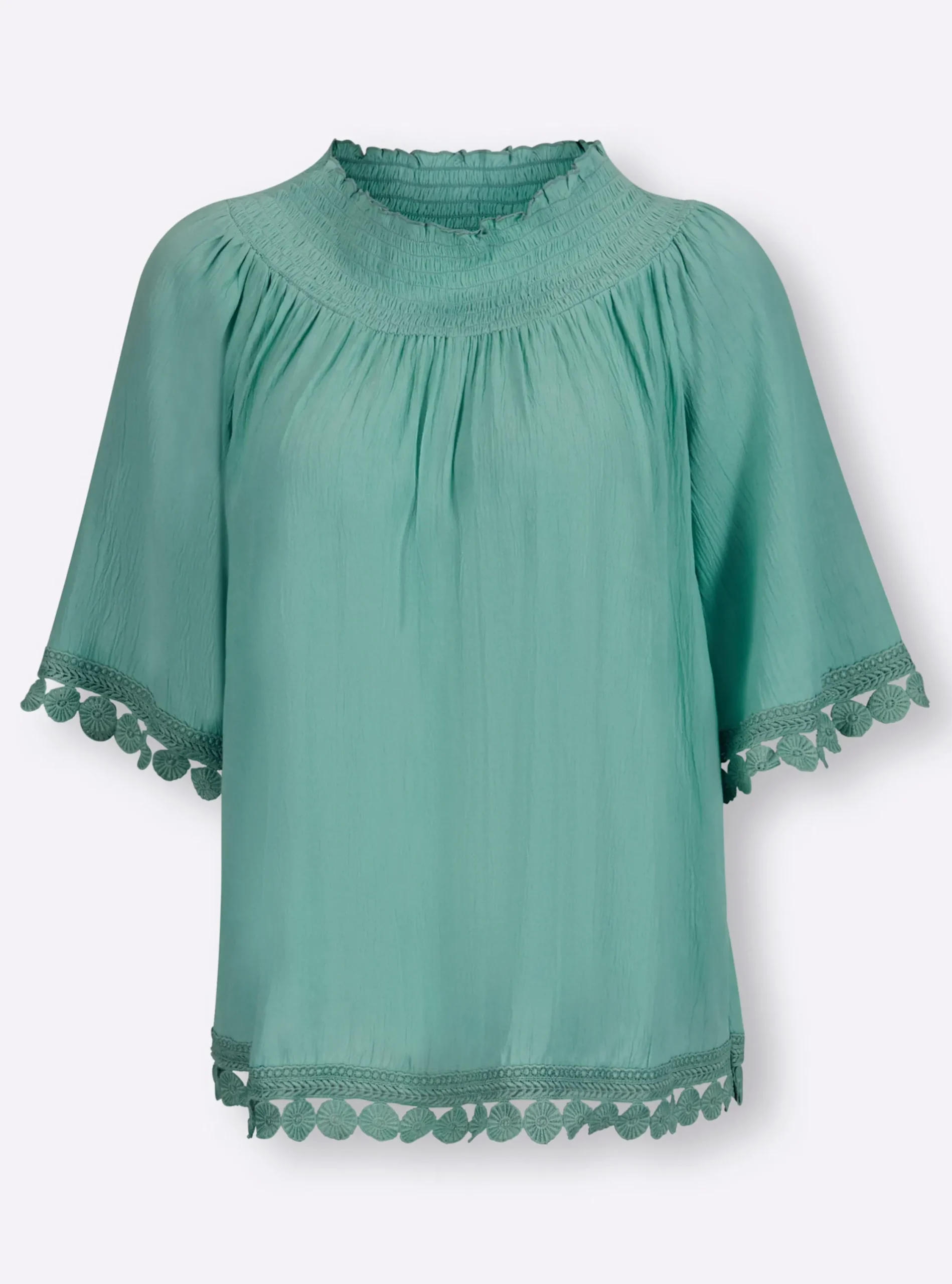Strandmode|Blusen|heine Crinklebluse mit Spitzenbesatz salbei