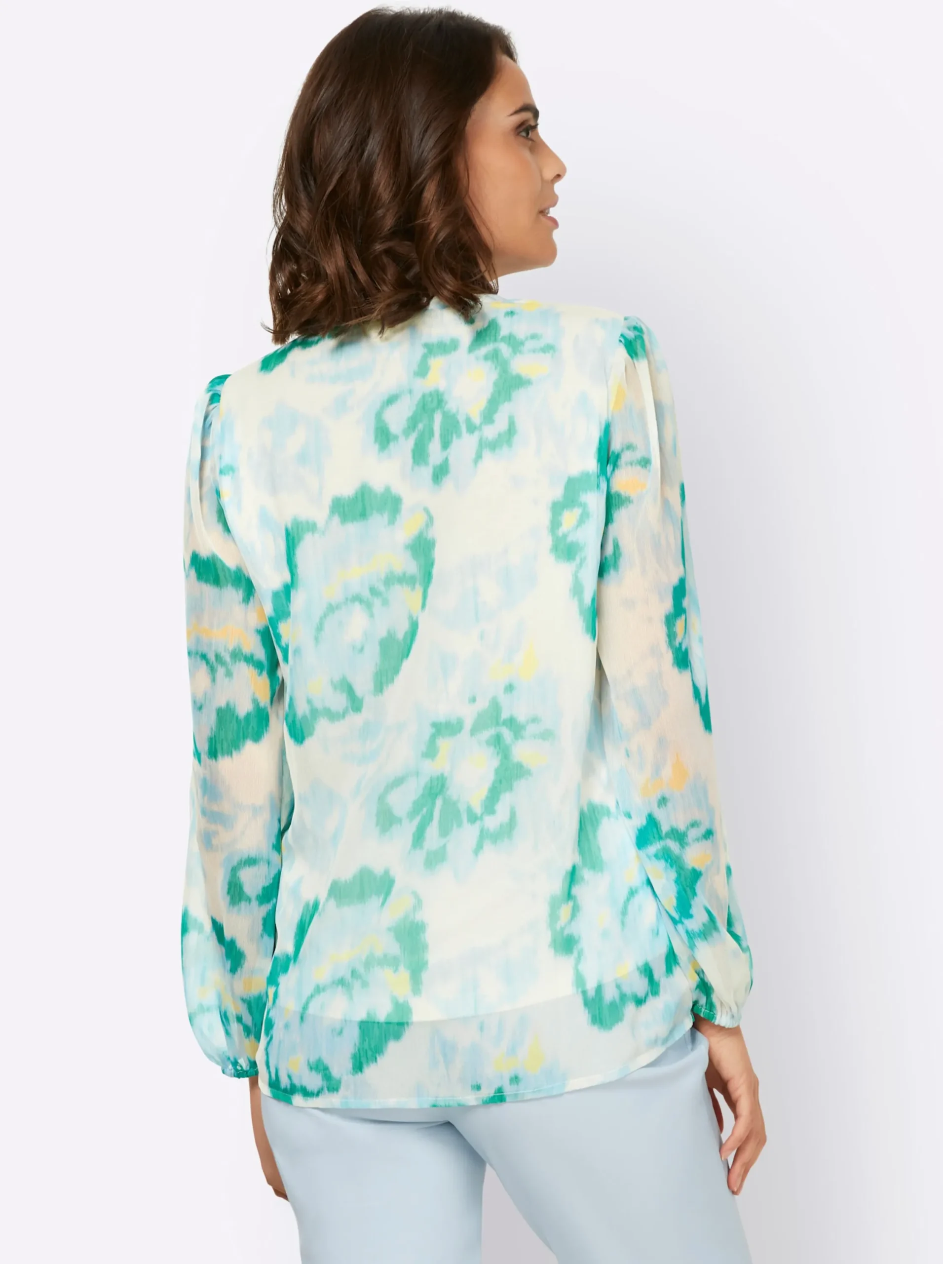 Blusen|heine Druckbluse hellblau-ecru-bedruckt