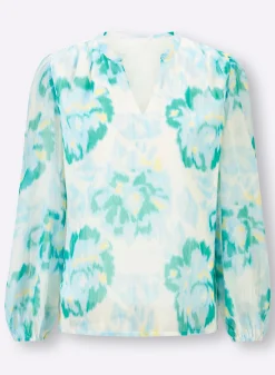 Blusen|heine Druckbluse hellblau-ecru-bedruckt