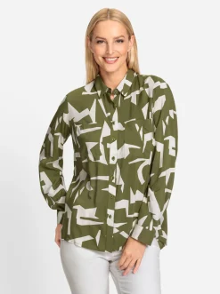 Blusen|heine Druckbluse oliv-champagner-gemustert