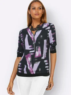 Blusen| Druckbluse schwarz-flieder-bedruckt