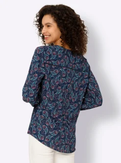 Blusen|heine Druckbluse dunkelblau-rosé-bedruckt