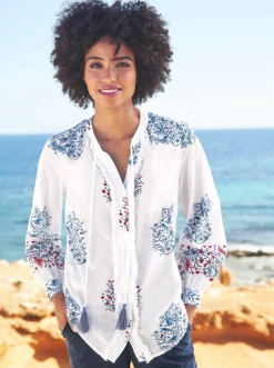 Blusen|heine Druckbluse ecru-rot-bedruckt