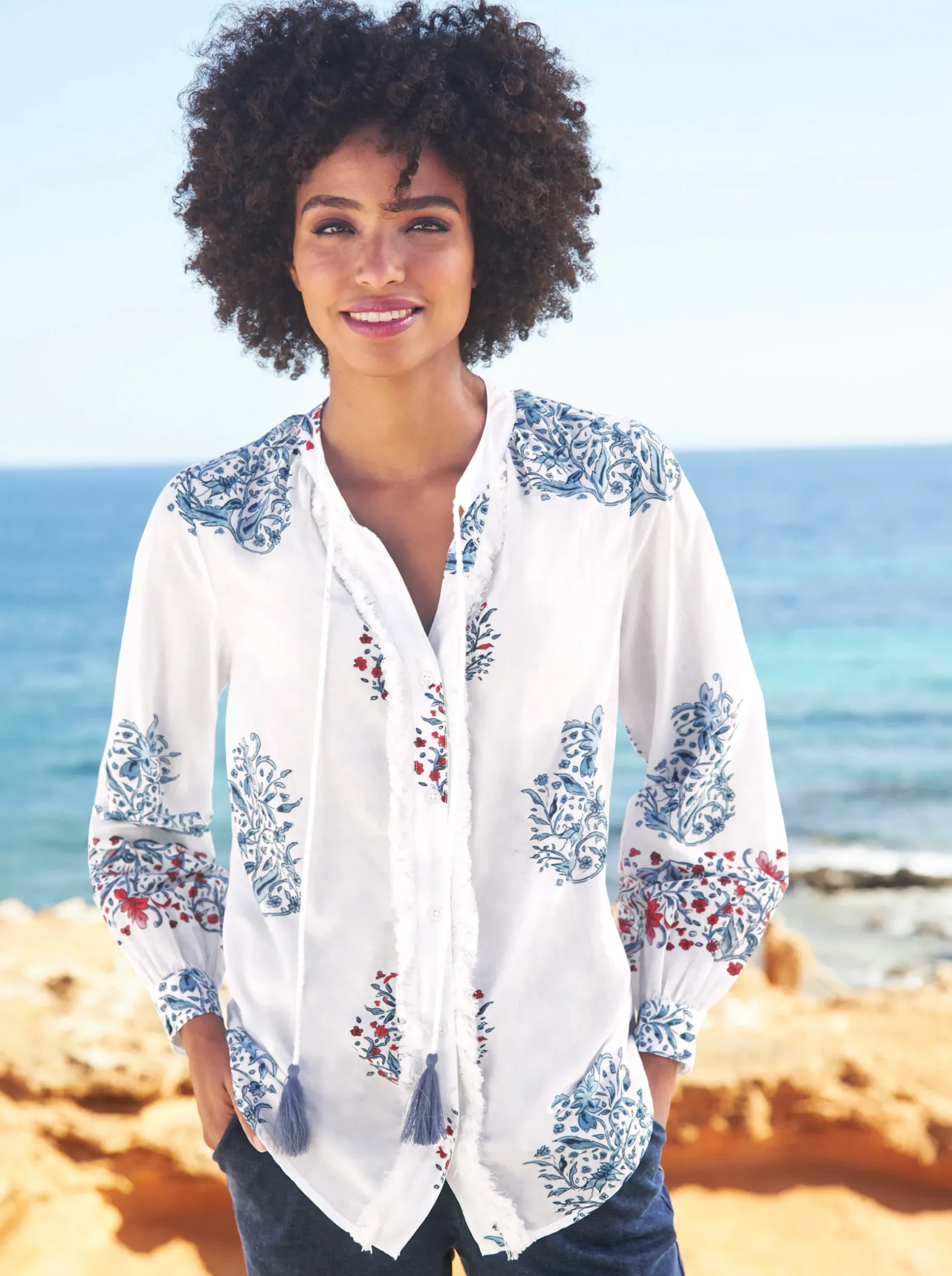 Blusen|heine Druckbluse ecru-rot-bedruckt