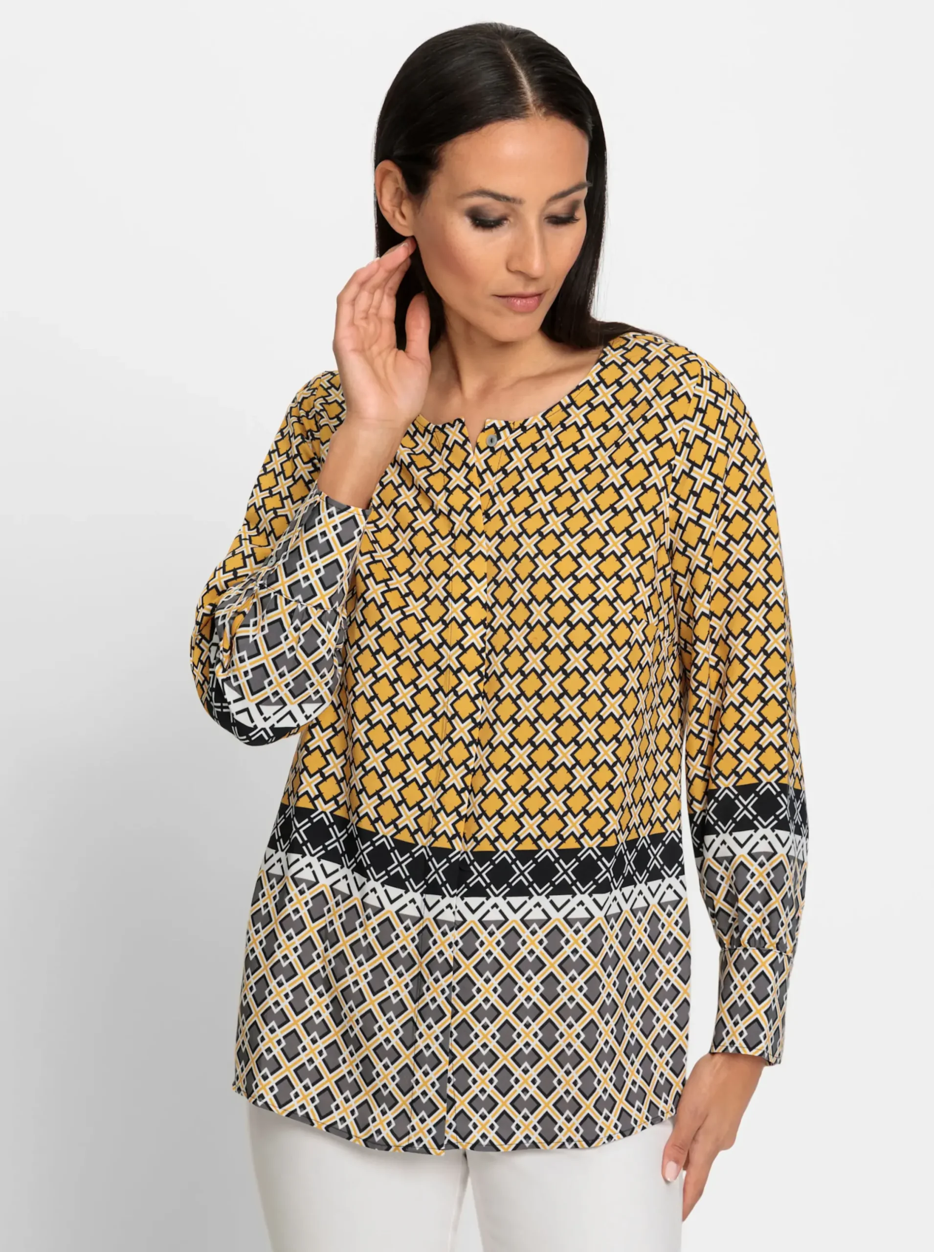 Blusen|heine Druckbluse ocker-schwarz-bedruckt