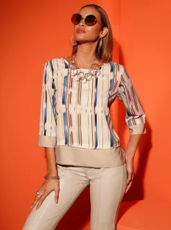 Blusen| Druckbluse beige-mandarine-bedruckt