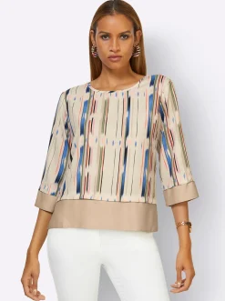 Blusen| Druckbluse beige-mandarine-bedruckt
