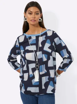 Blusen| Druckbluse aus reinem Lyocell hellblau-mittelblau-gemustert