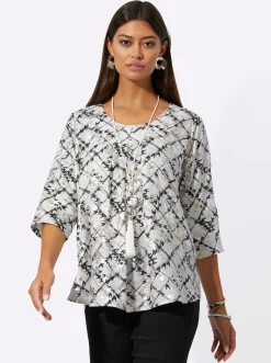 Blusen| Druckbluse aus reiner Viskose ecru-schwarz-bedruckt