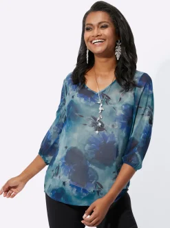 Blusen| Druckbluse in Aquarelltönen marine-kalkmint-bedruckt