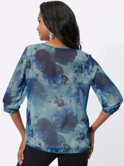Blusen| Druckbluse in Aquarelltönen marine-kalkmint-bedruckt