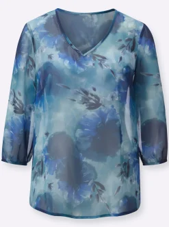 Blusen| Druckbluse in Aquarelltönen marine-kalkmint-bedruckt