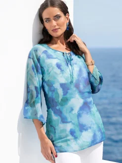 Blusen|heine Druckbluse in Crêpe-Qualität ozean-royalblau-bedruckt