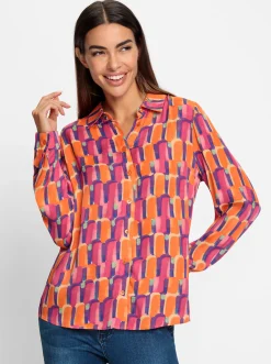 Blusen|heine Druckbluse in leichter Glanz-Qualität orange-pink-bedruckt