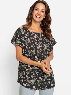 Blusen| Druckbluse in pflegeleichter Qualität schwarz-rosé-bedruckt